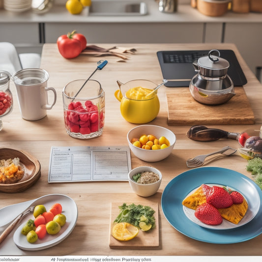 An organized kitchen table with a laptop, a plate of healthy food, a calendar, and a few colorful pens, surrounded by a subtle background of measuring cups and a kitchen utensil holder.