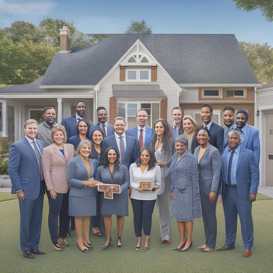 A stylized, modern illustration of a group of diverse professionals (agents, brokers, inspectors, etc.) standing together, smiling, and holding puzzle pieces that form a completed house shape.