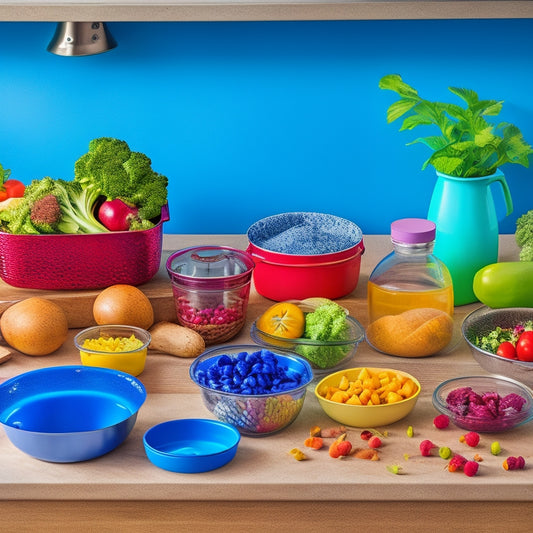 A vibrant, organized kitchen counter with various gluten-free ingredients, colorful vegetables, and a few meal prep containers, surrounded by utensils and a stainless steel mixing bowl.