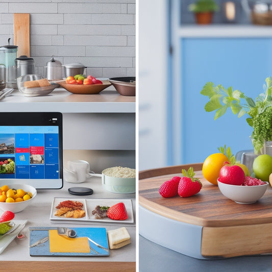 A split-screen image featuring a bustling kitchen with a tablet on the counter, surrounded by recipe books and utensils, alongside a minimalist smartphone screen displaying a meal planning app interface with colorful icons and a calendar view.