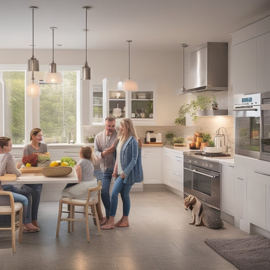 A modern kitchen interior with warm lighting, featuring a large island with a built-in sink, sleek white cabinets, and stainless steel appliances, surrounded by a blurred background of happy family members.