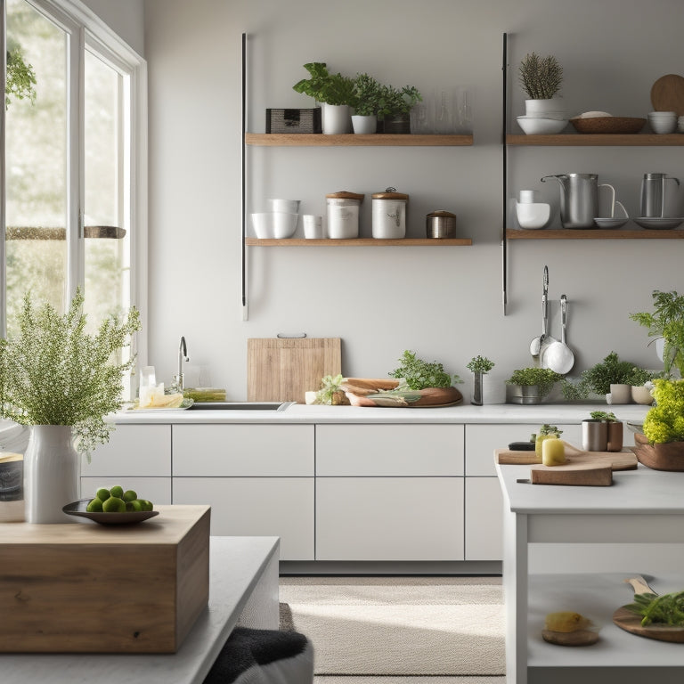 A serene, minimalist kitchen with a few, carefully selected utensils and cookbooks on open shelves, a compact island with a built-in sink, and a few fresh herbs on the windowsill.