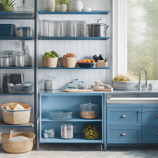 A bright, modern kitchen with a stainless steel counter, a few strategically placed baskets, and a tiered shelf filled with neatly organized meal prep containers in various sizes and colors.