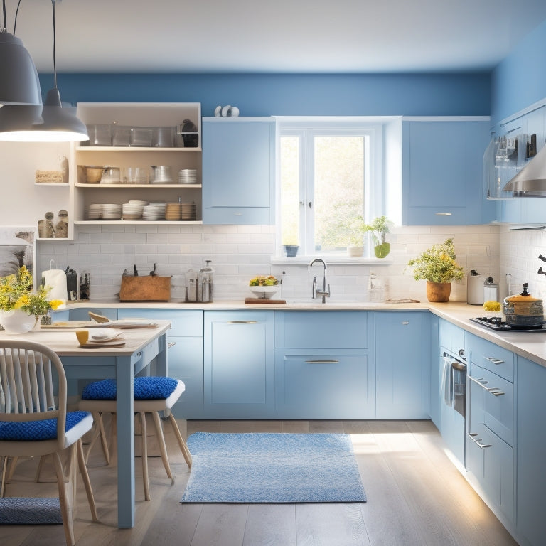 A bright, modern kitchen with a large, blank white wall, a partially built cabinet, a roll of blueprints, a tape measure, and a few scattered kitchen utensils, surrounded by subtle, warm lighting.