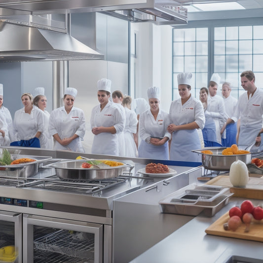 A bustling school kitchen with stainless steel countertops, commercial-grade appliances, and a central island with built-in utensil organizers, surrounded by happy students and busy chefs in white aprons.