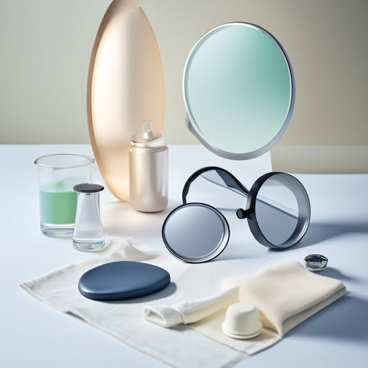 A minimalist composition featuring a sleek, silver magnifying glass hovering above a neat arrangement of assorted consumer products on a clean, white background, surrounded by subtle, gradient shadows.
