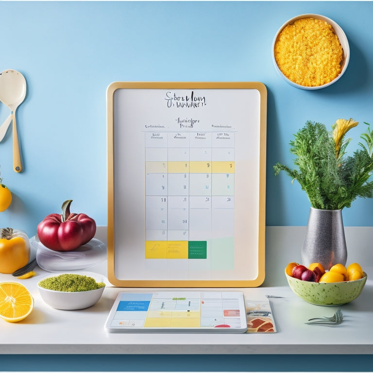 A colorful, minimalist illustration featuring a kitchen counter with a digital tablet displaying a shared meal planning calendar, surrounded by healthy ingredients, a collaboration of diverse utensils, and a subtle background of a family dinner table.