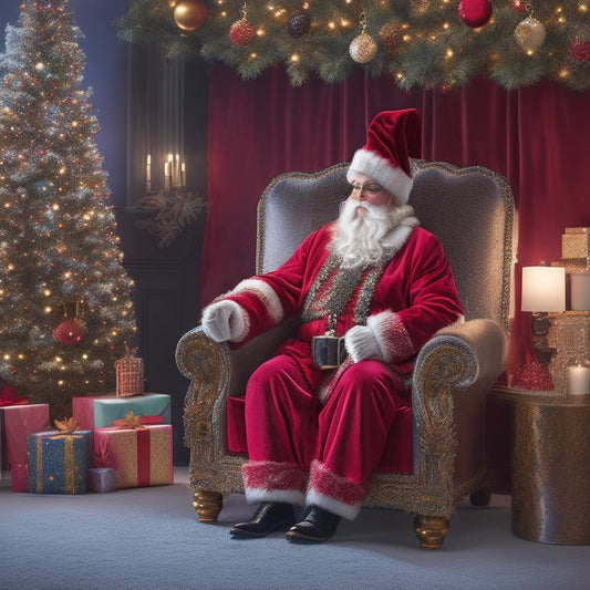 A whimsical winter wonderland scene with Santa Claus sitting in a festive, ornate chair, surrounded by colorful gift boxes, sparkling snowflakes, and a velvet red curtain draped in the background.