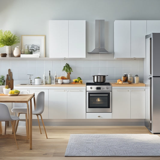 A minimalist, modern kitchen with sleek, white cabinets, stainless steel appliances, and a small, round wooden table, surrounded by a collage of digital devices displaying kitchen design inspirations.