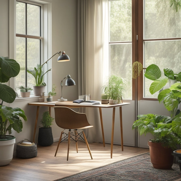 A serene, clutter-free apartment with a dedicated study area, featuring a wooden desk, ergonomic chair, and floor lamp, surrounded by lush green plants and soft, diffused natural light.