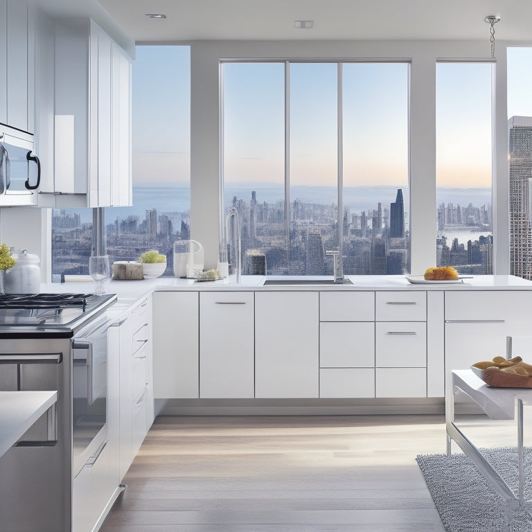 A modern, sleek kitchen with rows of gleaming white cabinets, stainless steel appliances, and a large island, surrounded by a blurred cityscape in the background, symbolizing growth and expansion.