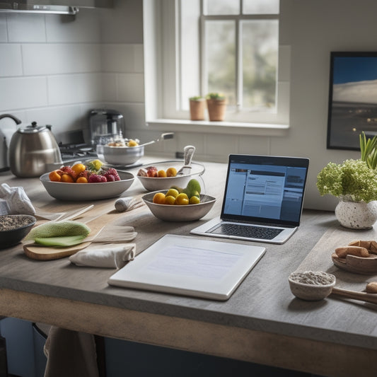 A cluttered kitchen counter with scattered recipe papers, utensils, and open laptops, transformed into a serene space with a single, sleek tablet displaying a clean digital recipe, surrounded by minimal, organized kitchen essentials.