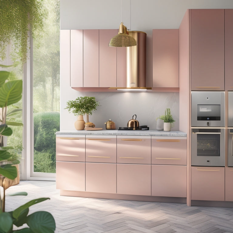 A modern, minimalist kitchen with sleek, matte-finish Samsung Bespoke appliances in soft, pastel hues, surrounded by lush greenery and warm, golden lighting, evoking a sense of serenity and sophistication.