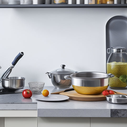 A minimalist, modern kitchen corner with a sleek, chrome-finished Lazy Susan turntable, rotated to showcase a neatly arranged selection of kitchen utensils and cookbooks.