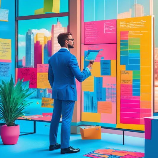 A stylized illustration of a person standing in front of a large, organized whiteboard, surrounded by colorful sticky notes, charts, and diagrams, with a subtle cityscape or office background.