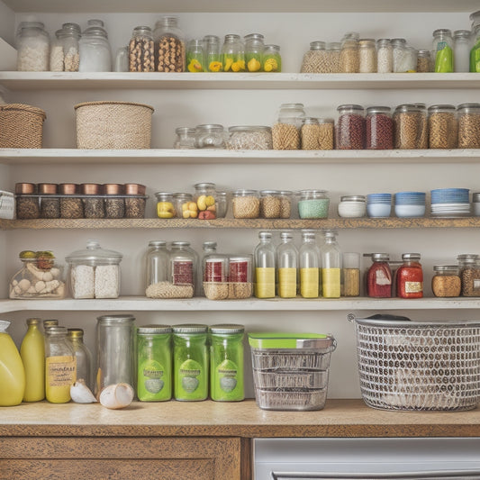 A cluttered kitchen pantry with open shelves, jars and cans stacked haphazardly, and a few items spilling onto the countertop, contrasted with a tidy, organized pantry in the background.