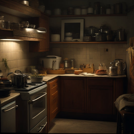 A dimly lit kitchen with cabinet doors slightly ajar, revealing a cluttered mess of expired cans, dusty cookbooks, and forgotten kitchen gadgets, with a hint of mysterious shadows in the background.