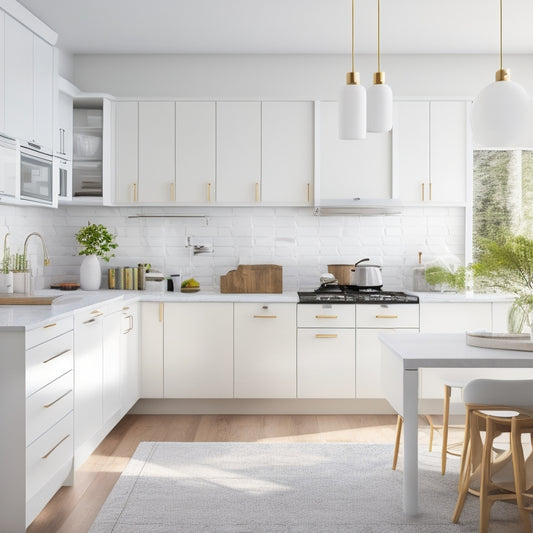 A bright, modern kitchen with sleek white cabinets, a large island with built-in shelving, and a minimalist backsplash, showcasing a clever use of vertical space and hidden storage solutions.