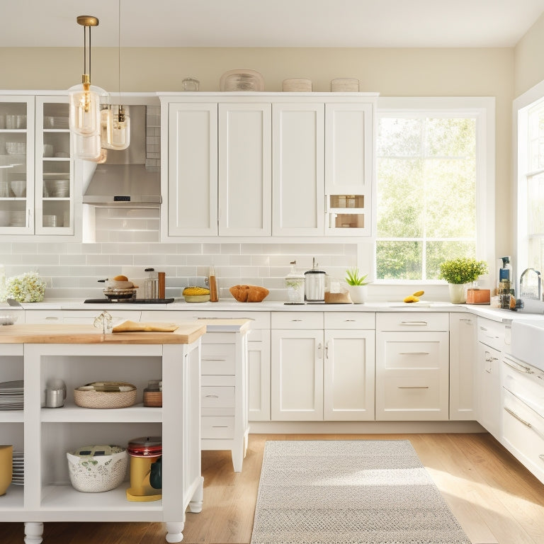 A bright, modern kitchen with sleek, white cabinets, pull-out pantry drawers, and a built-in kitchen cart with a butcher-block top, surrounded by warm, natural light.