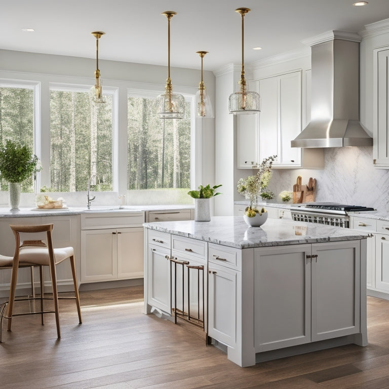 A bright, modern kitchen with creamy white cabinets, warm wood accents, and sleek marble countertops, featuring a large center island, pendant lighting, and a stunning floor-to-ceiling window.