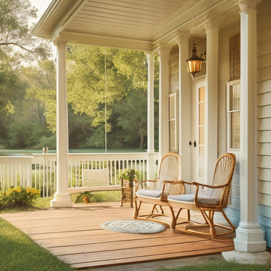 A serene, sun-kissed photograph of a classic Southern-style porch with a warm, honey-colored wood facade, adorned with lush greenery and a welcoming swing, set against a soft blue sky.