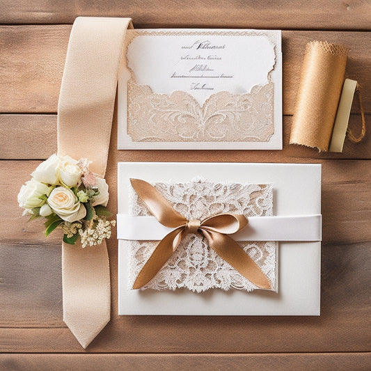 A delicate, lace-trimmed, ivory-colored wedding invitation with a soft, watercolor floral pattern, paired with a rustic, kraft paper envelope and a satin ribbon tie, on a distressed wooden background.