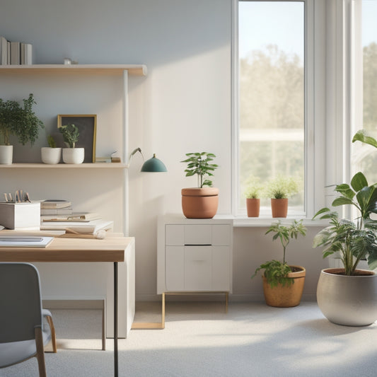 A serene, minimalist room with a few, carefully-placed storage bins, a clutter-free desk, and a single, potted plant, surrounded by soft, natural light and a calming color palette.