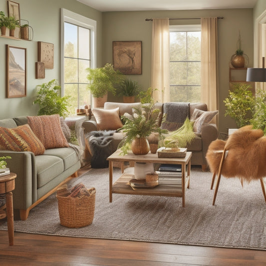 A clutter-free living room with rearranged furniture, repurposed items, and DIY decor, showcasing a refreshed space with a mix of natural light, earthy tones, and pops of greenery.