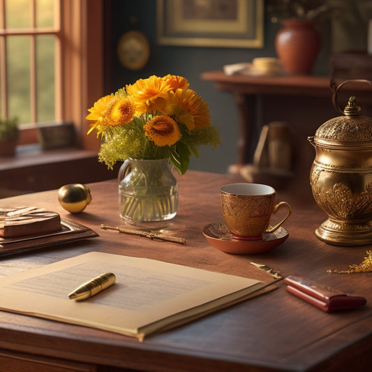 A warm, golden-lit scene featuring a vintage wooden desk adorned with a steaming cup of coffee, a bouquet of colorful pens, and a scattering of inspirational quotes on ornate notecards.