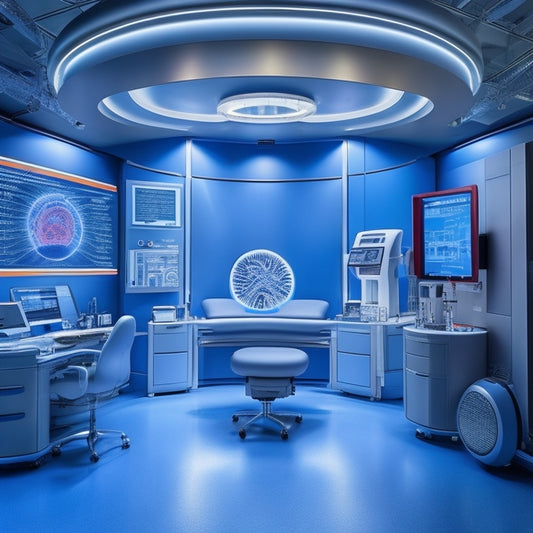 A futuristic, high-tech diagnostic room with a large, circular, holographic display projecting a 3D brain scan, surrounded by sleek, silver medical equipment and a Snap-On Counselor 2 device in the foreground.