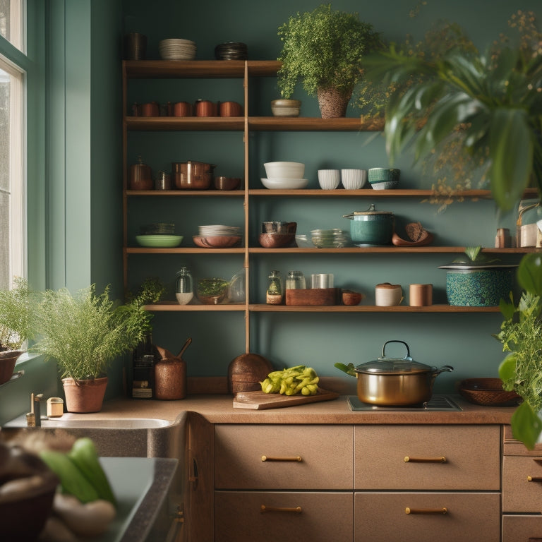 A warmly lit kitchen with sleek, minimalist shelves in a rich walnut tone, adorned with a curated selection of vintage cookbooks, artisanal ceramics, and a few lush green plants.