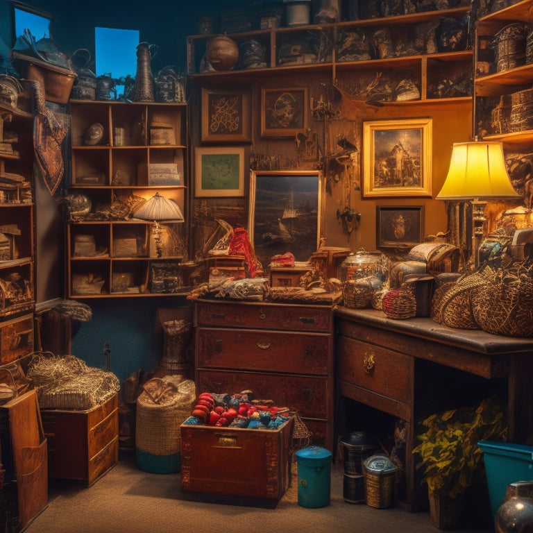 A cluttered, dimly lit prop room with vintage furniture, scattered vintage items, and shelves overflowing with peculiar trinkets, surrounded by half-unpacked crates and dusty, forgotten treasures.