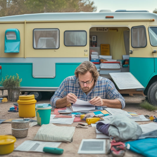 An illustration of a frustrated camper surrounded by scattered RV manuals, with a puzzled expression, amidst a cluttered campsite, highlighting the need for clearer instructions.