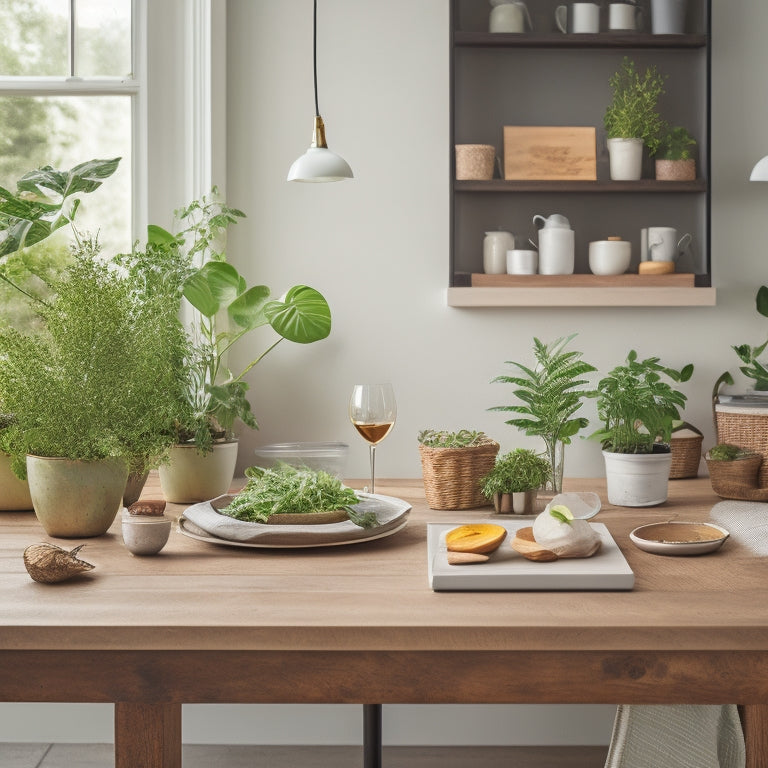 A minimalist kitchen with a wooden table, a few scattered recipe cards, and a single, sleek e-reader or tablet in the center, surrounded by lush greenery and a few potted herbs.