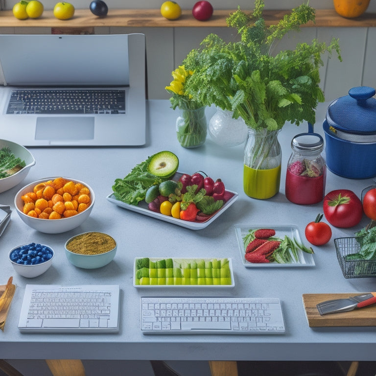 A clean and organized kitchen counter with a laptop open to an Excel spreadsheet, a notebook, and a few healthy ingredients like fresh fruits and vegetables, surrounded by colorful utensils and a calendar.