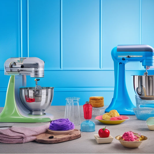 A colorful kitchen counter with a KitchenAid mixer as the centerpiece, surrounded by various attachments and accessories like a pastry dough hook, wire whip, and stainless steel bowl.