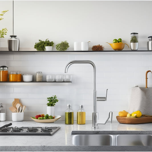 A bright, modern kitchen with sleek countertops, a stainless steel sink, and a row of perfectly organized spices on a wall-mounted rack, surrounded by minimal yet elegant décor.