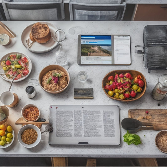 A cluttered college kitchen countertop with a laptop open to a cooking website, surrounded by cookbooks, utensils, and a smartphone displaying a meal planning app, with a messy background of dirty dishes and takeout containers.