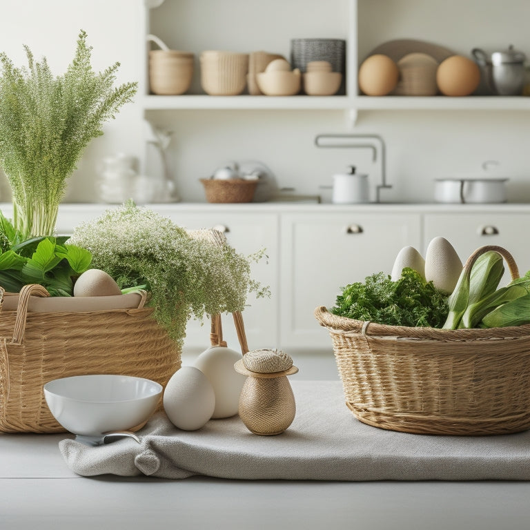 A crisp, white kitchen countertop with three woven baskets, each filled with a dozen eggs, surrounded by fresh greenery and a few scattered kitchen utensils, against a warm, beige background.