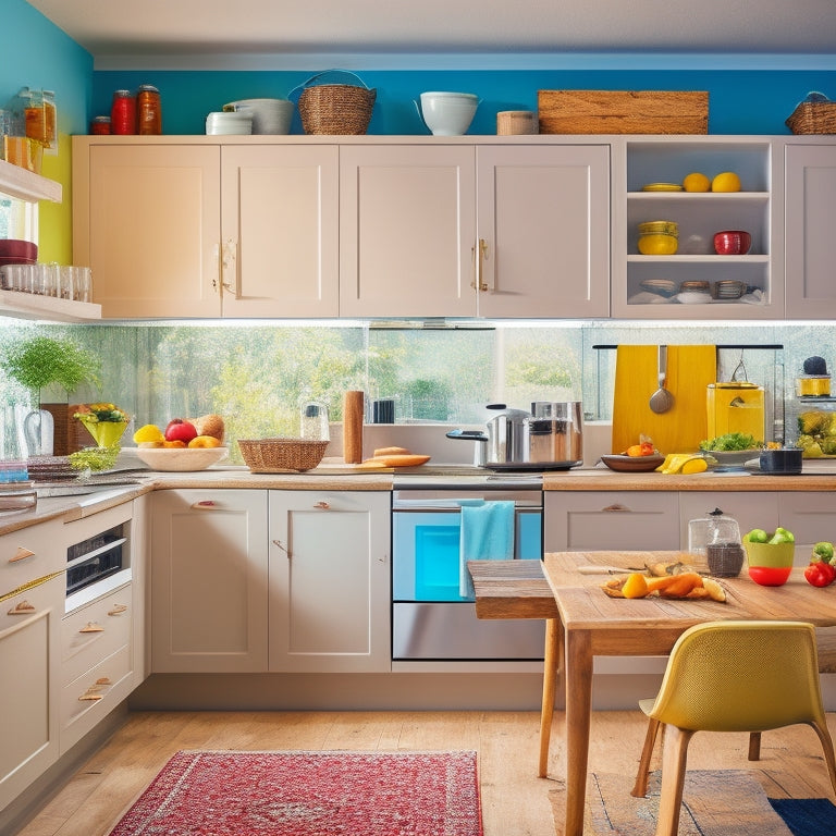 A bright, modern kitchen with open cabinets and drawers, filled with neatly organized cookware, utensils, and ingredients, alongside a laptop and a printer in the background, with a few sheets of printed templates scattered on the counter.