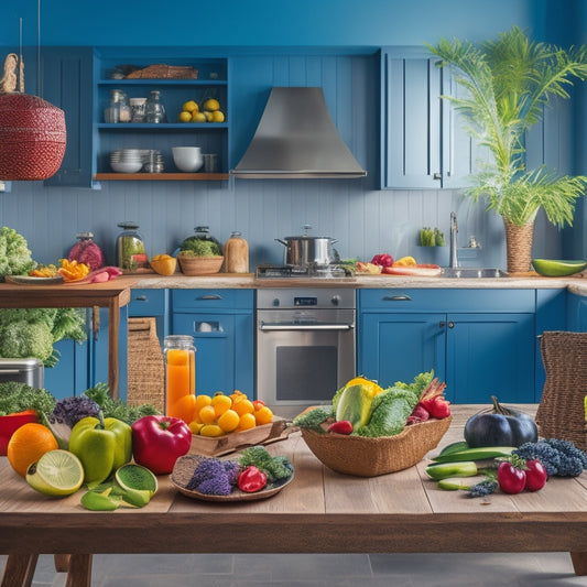 A vibrant, modern kitchen with a wooden table in the center, featuring a variety of colorful, healthy foods, including fresh fruits, vegetables, lean proteins, and whole grains, arranged in a visually appealing way.