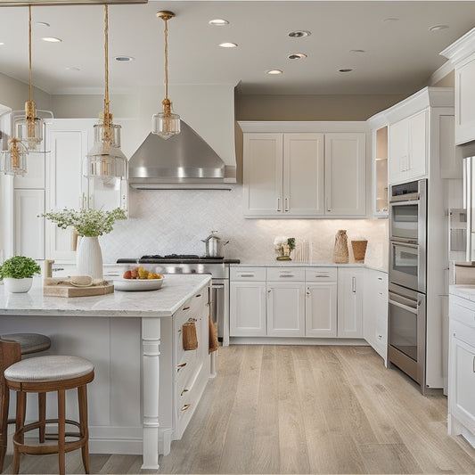 A bright, modern kitchen with soft, warm lighting, featuring a mix of white, gray, and wooden cabinets with ornate hardware, surrounded by sleek countertops and a large center island.