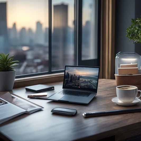 A modern, sleek laptop open on a polished wooden desk, surrounded by scattered real estate brochures, a miniature house model, and a cup of steaming coffee, with a cityscape blurred in the background.
