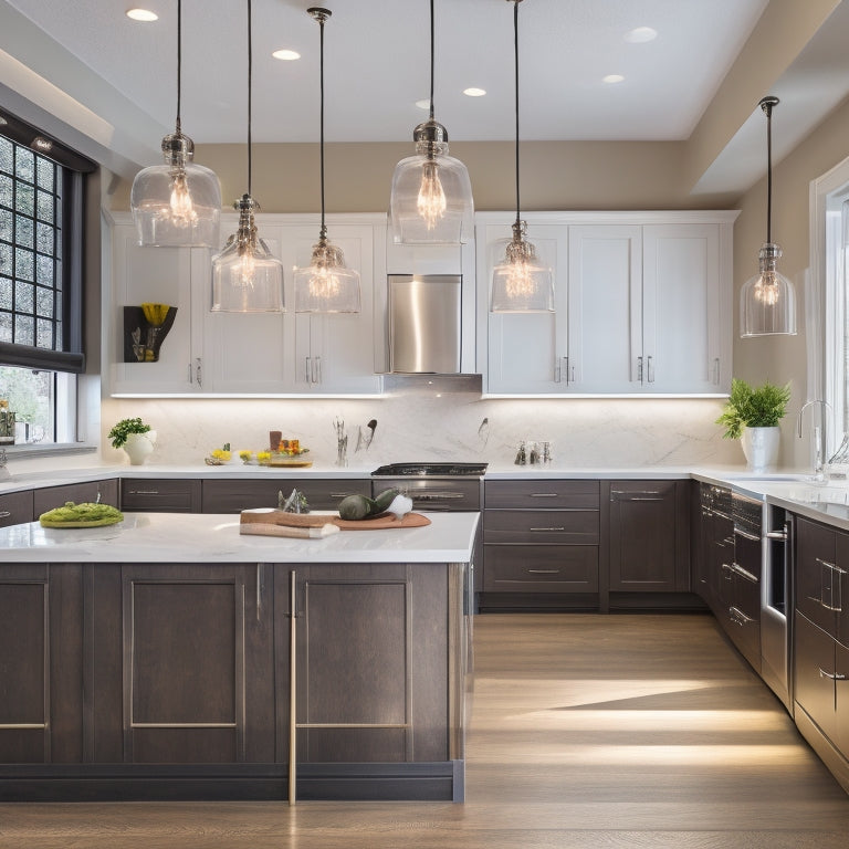 A sleek, modern U-shaped kitchen with polished chrome fixtures, creamy white cabinets, and rich, dark hardwood floors, illuminated by a large skylight and pendant lights above the island.