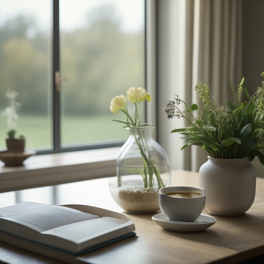 A serene, well-lit living room with a vase of fresh flowers on a coffee table, a minimalist bookshelf, and a large window with a blurred greenery view in the background.