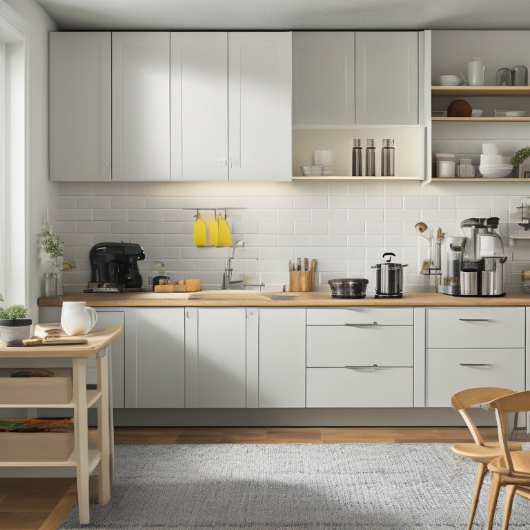 A bright, modern kitchen with partially installed IKEA cabinets in various stages of assembly, surrounded by scattered instruction manuals, tools, and coffee cups.