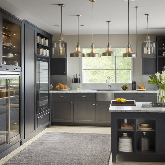 A sleek, modern kitchen with a custom pantry system featuring floor-to-ceiling cabinetry, glass-front drawers, and a central island with a built-in wine rack and pendant lighting.