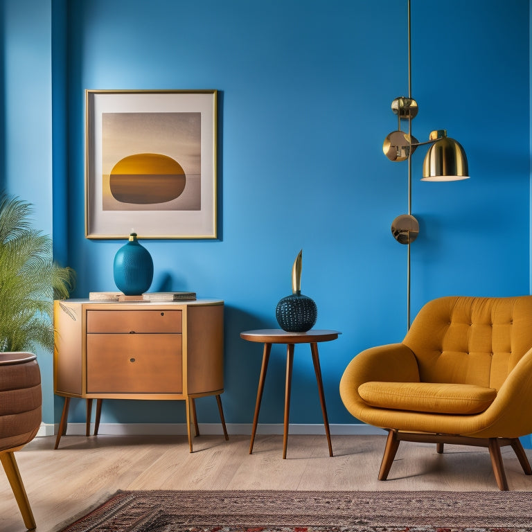 A minimalist, well-lit room with a mix of vintage and modern furniture, eclectic decorative items, and a statement piece of abstract art on a bold-colored accent wall.