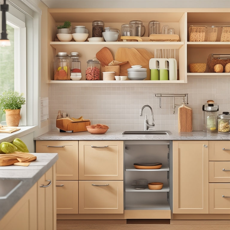 An organized kitchen with a senior-friendly layout: a U-shaped countertop with built-in utensil organizers, a pull-out pantry, and a sink with lever handles, set against a warm, beige background.