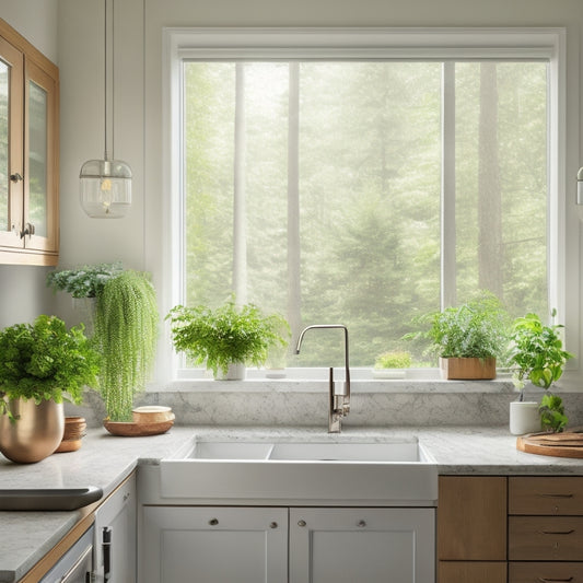 A stylish kitchen with a corner sink, white quartz countertops, light wood cabinets, and a large window above the sink, surrounded by lush greenery and natural light.